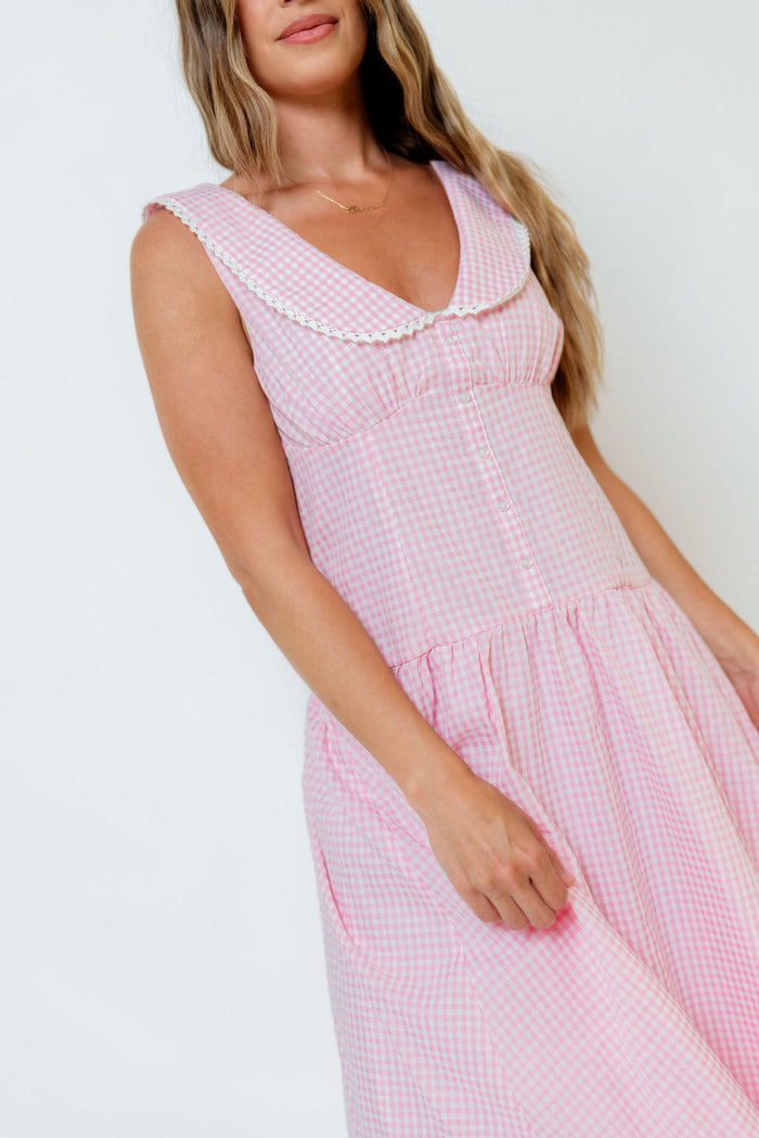 Reagyn Drop Waist Lace Trim Gingham Midi Dress in Pink *Final Sale*