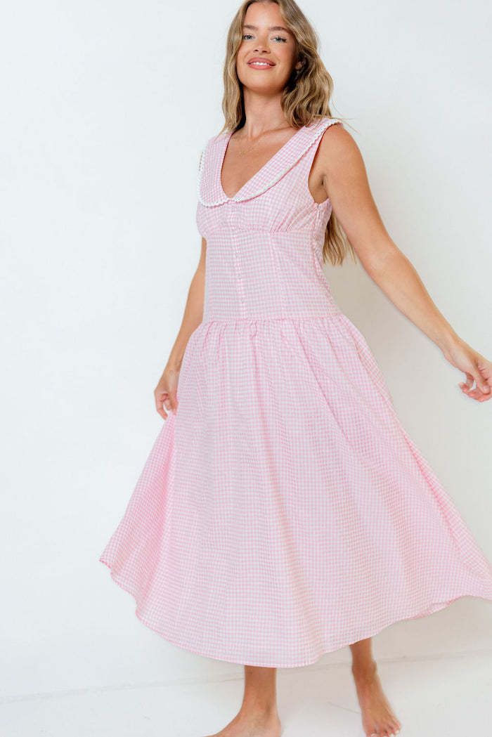 Reagyn Drop Waist Lace Trim Gingham Midi Dress in Pink *Final Sale*