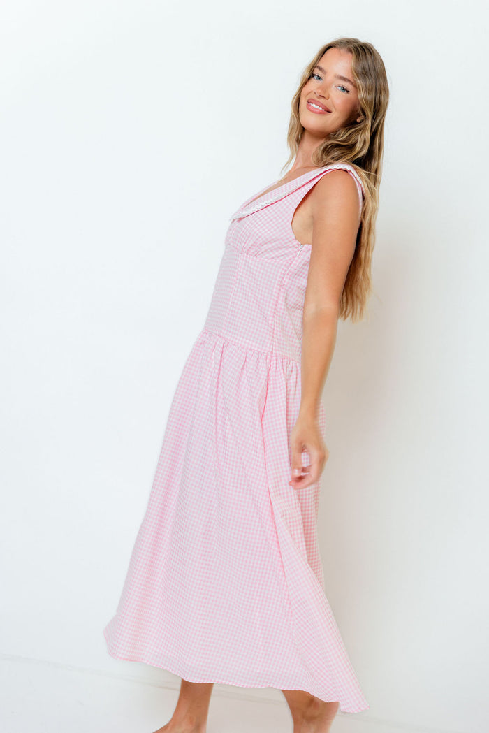 Reagyn Drop Waist Lace Trim Gingham Midi Dress in Pink *Final Sale*