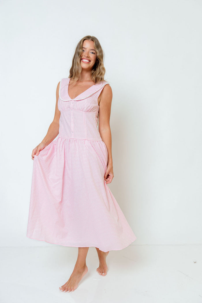 Reagyn Drop Waist Lace Trim Gingham Midi Dress in Pink *Final Sale*