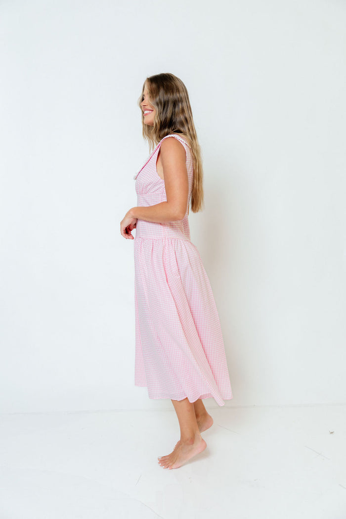 Reagyn Drop Waist Lace Trim Gingham Midi Dress in Pink *Final Sale*