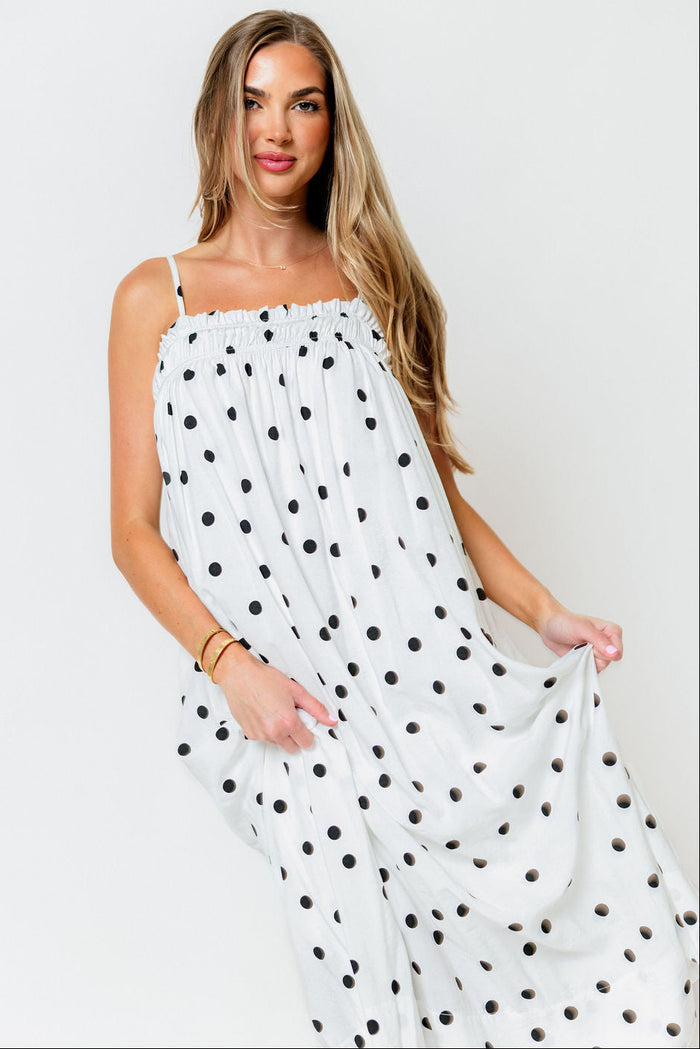 Riviera Promenade Polka Dot Midi Dress in Off White