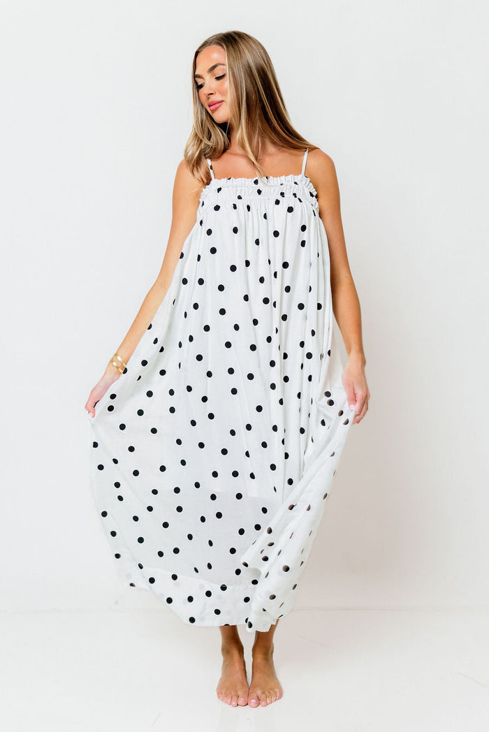 Riviera Promenade Polka Dot Midi Dress in Off White