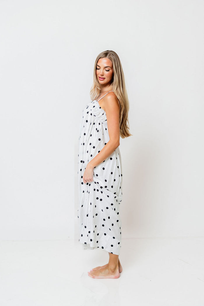 Riviera Promenade Polka Dot Midi Dress in Off White