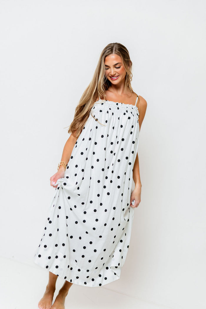 Riviera Promenade Polka Dot Midi Dress in Off White