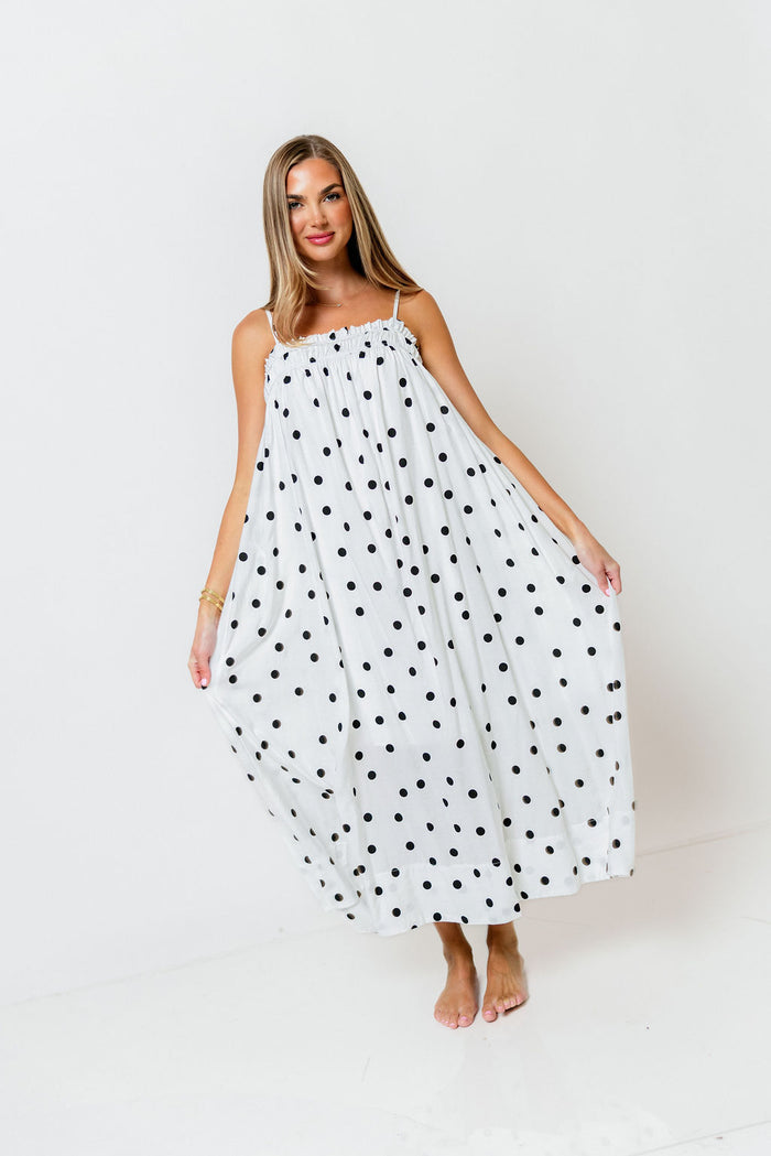 Riviera Promenade Polka Dot Midi Dress in Off White