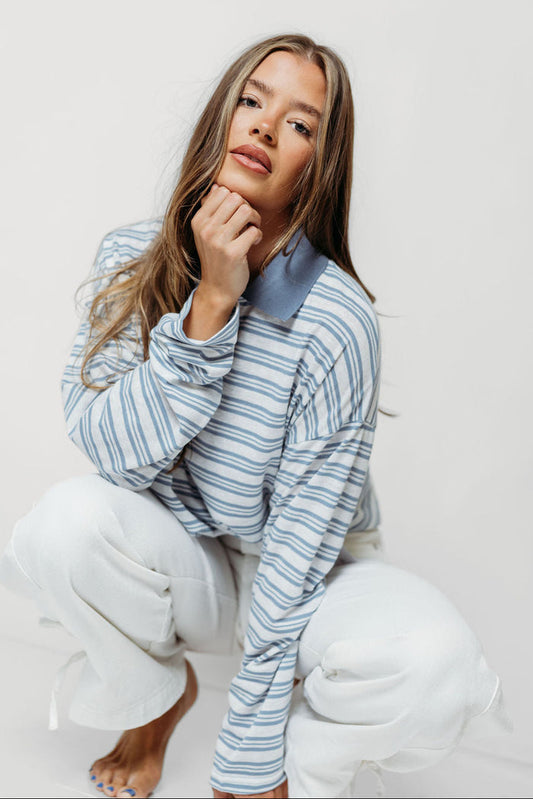 Romy Contrast Collared Striped Tee in Blue