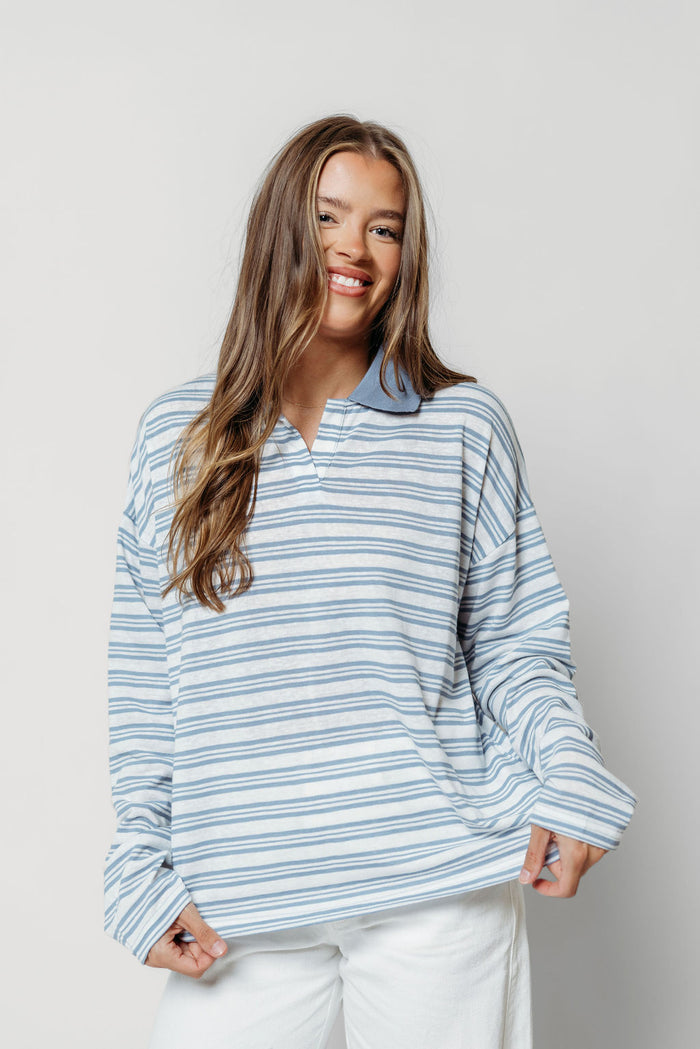 Romy Contrast Collared Striped Tee in Blue