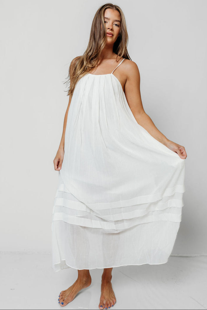 Rosalyn 100% Cotton Pleated Maxi Dress in Off-White