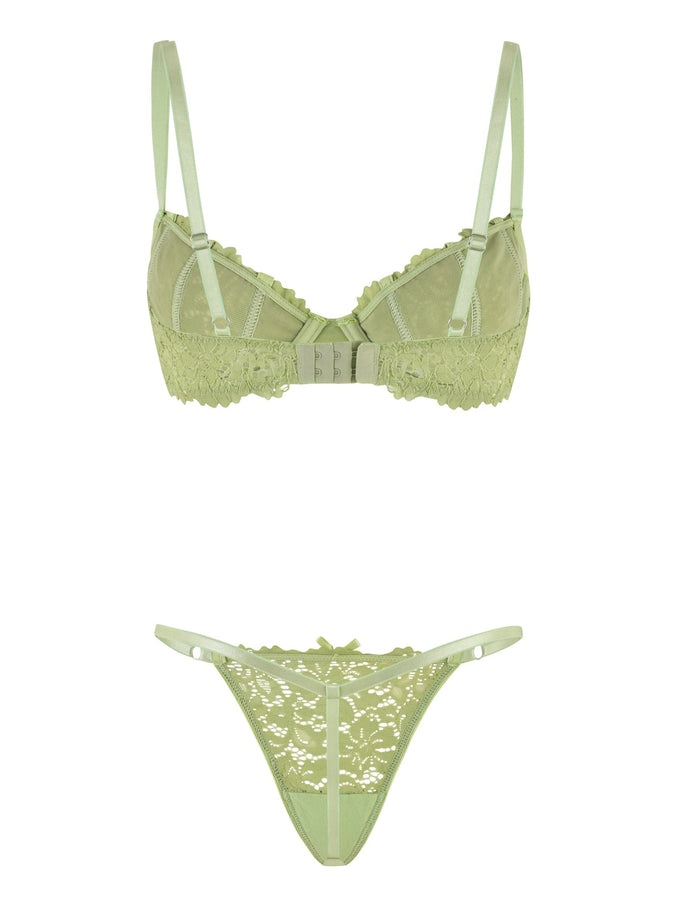 The ROSALYN SET - GREEN by TIGERMIST is a light green lingerie ensemble that includes a bra with adjustable straps and a front clasp closure, along with matching bra and g-string. Adorned with delicate floral lace detailing and crafted from high-stretch fabric, the set is displayed on a plain white background.