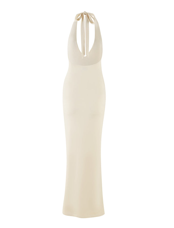 A long, sleeveless yellow "Rozlynn Dress" from TigerMist with halter straps and a deep V-neckline. The fitted silhouette ties at the neck, creating a stylish and elegant look. The fabric appears smooth and slightly reflective. The back is unseen, highlighting its maxi length charm.