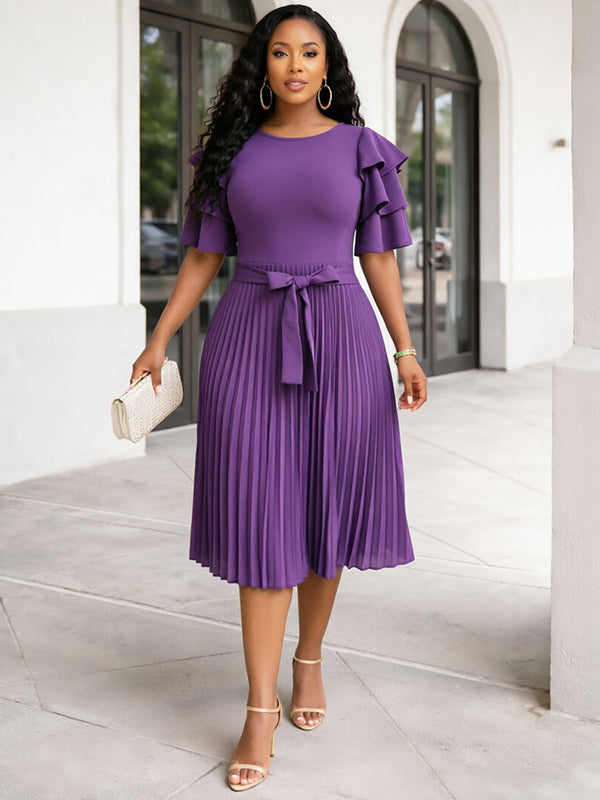 Ruffle-Sleeve Pleated Dress