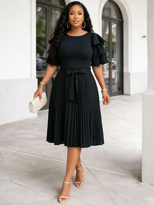 Ruffle-Sleeve Pleated Dress