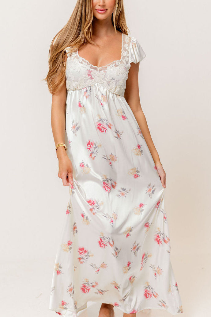 Ryan Lace Bodice Cutout Maxi Dress in Cream Floral - Bump Friendly