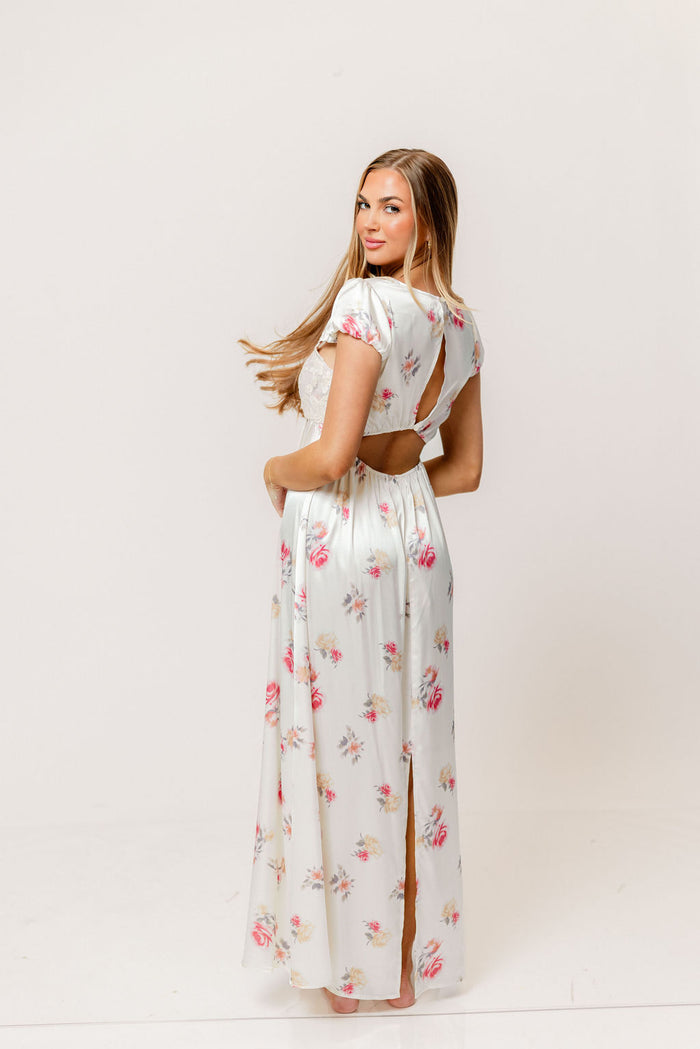 Ryan Lace Bodice Cutout Maxi Dress in Cream Floral - Bump Friendly