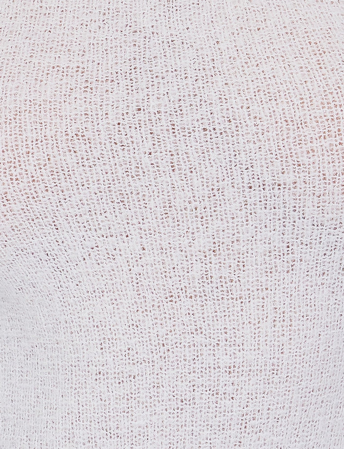 Close-up texture of a light pink knitted fabric with an intricate pattern of small, evenly spaced holes, creating a delicate and airy appearance. The yarn appears soft and fluffy, making the TIGERMIST RYKER DRESS - WHITE / CREAM fabric look cozy and warm.