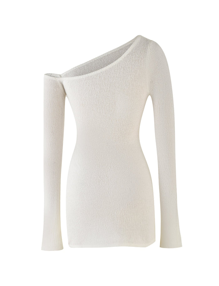 The RYKER DRESS by TIGERMIST in white and cream features a long sleeve knit design with an asymmetrical neckline. One shoulder is exposed, while the other side has a full sleeve. The fabric is soft and textured, offering a comfortable yet stylish appearance.