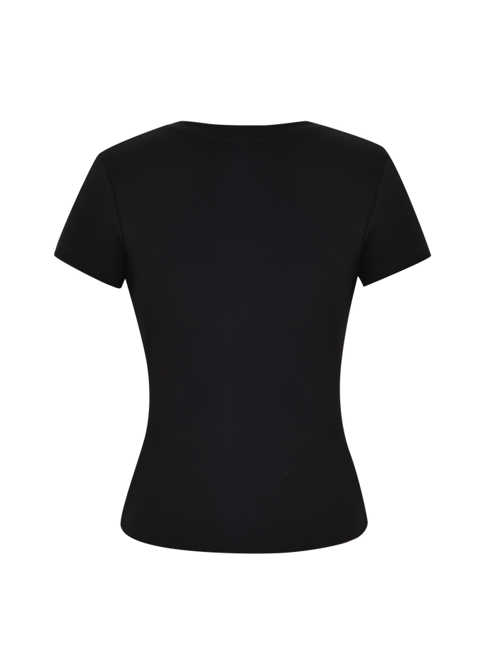 The SAPHIRA TEE - BLACK by TIGERMIST is a black short-sleeve top, shown from the back on a white background, made from high-stretch fabric for all-day comfort.