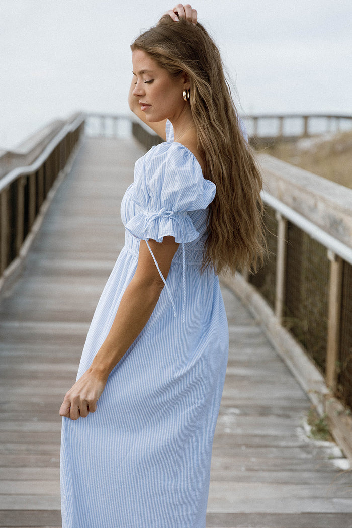 Savanna 100% Cotton Maxi Dress in Light Blue Stripe - Bump Friendly & Inclusive Sizing (Restocking Jan 2027)