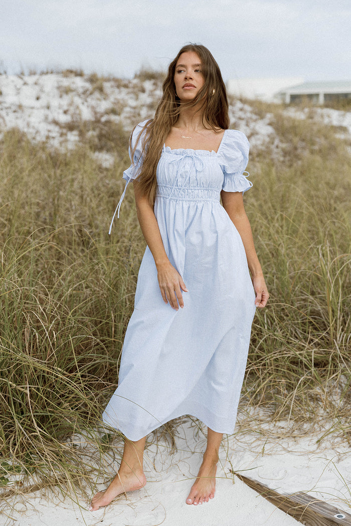 Savanna 100% Cotton Maxi Dress in Light Blue Stripe - Bump Friendly & Inclusive Sizing (Restocking Jan 2027)