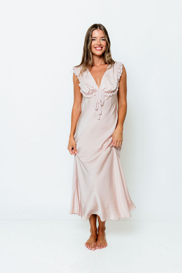 Scarlett Satin Ruffle Tie Midi Dress in Pink