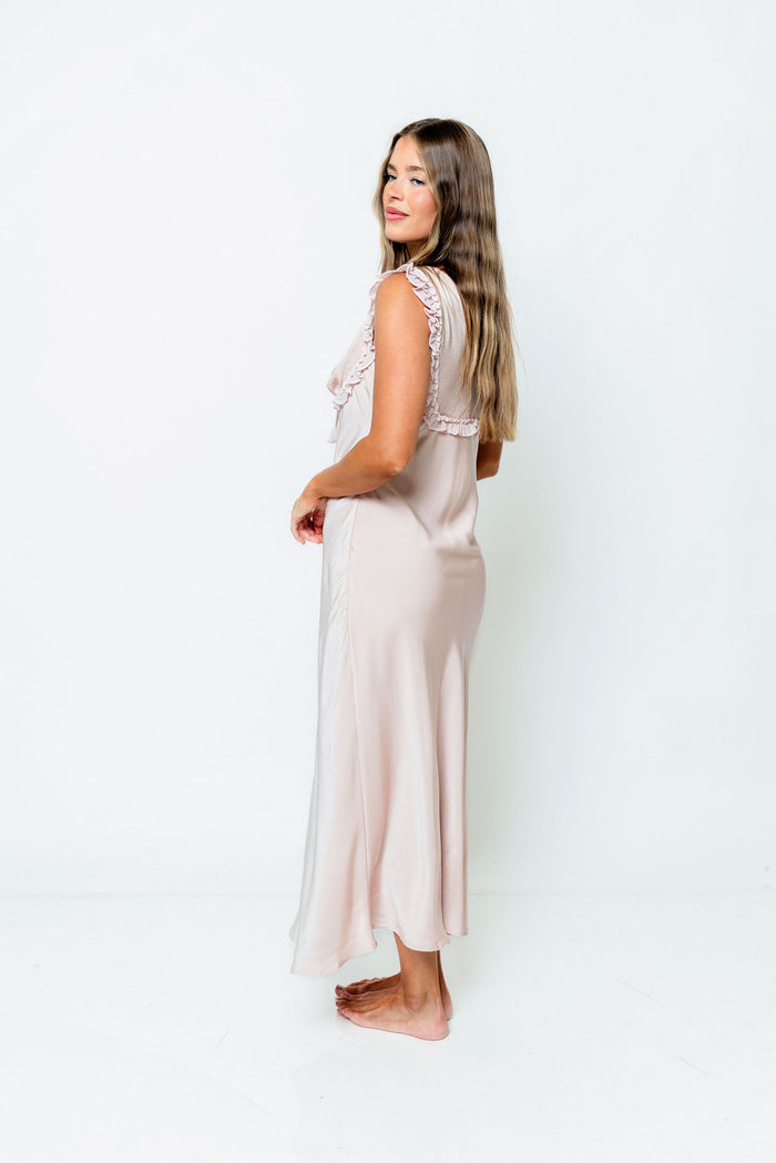 Scarlett Satin Ruffle Tie Midi Dress in Pink