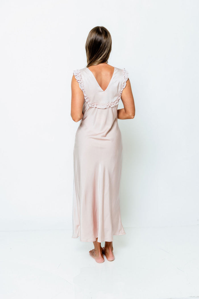 Scarlett Satin Ruffle Tie Midi Dress in Pink