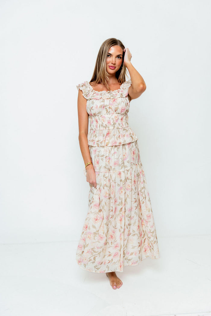 Sedona Floral Off Shoulder Top and Midi Skirt Set in Sand/Pink