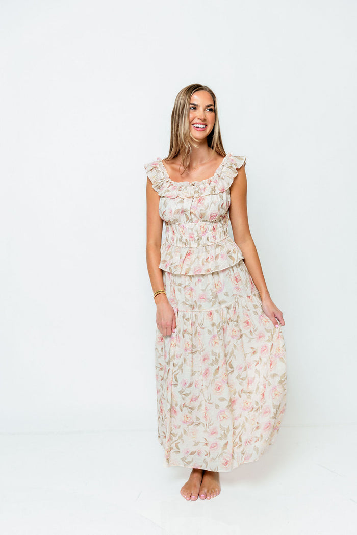 Sedona Floral Off Shoulder Top and Midi Skirt Set in Sand/Pink