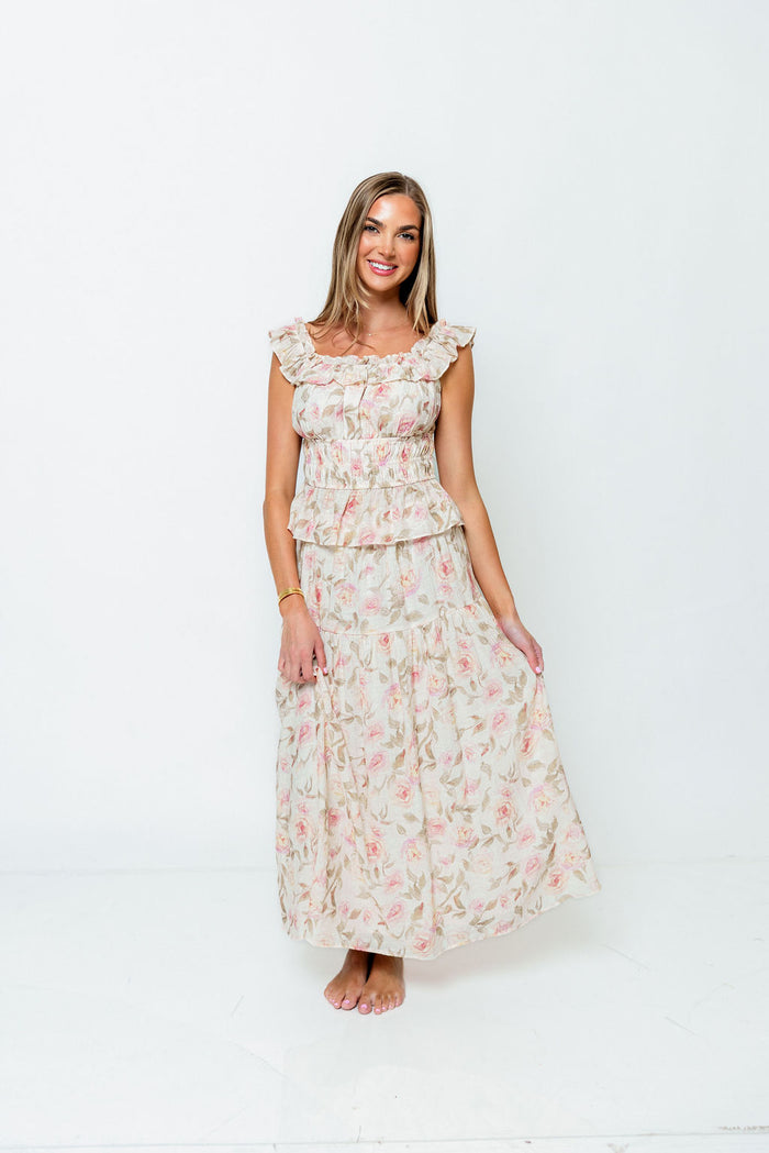 Sedona Floral Off Shoulder Top and Midi Skirt Set in Sand/Pink