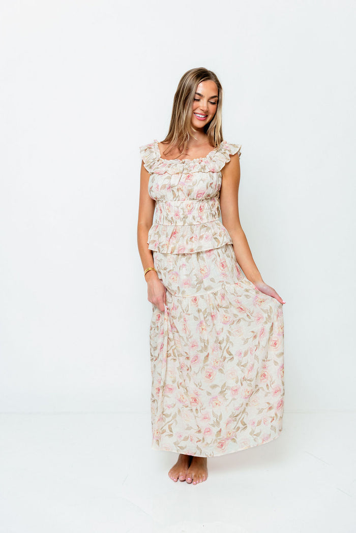 Sedona Floral Off Shoulder Top and Midi Skirt Set in Sand/Pink