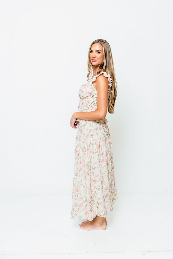 Sedona Floral Off Shoulder Top and Midi Skirt Set in Sand/Pink