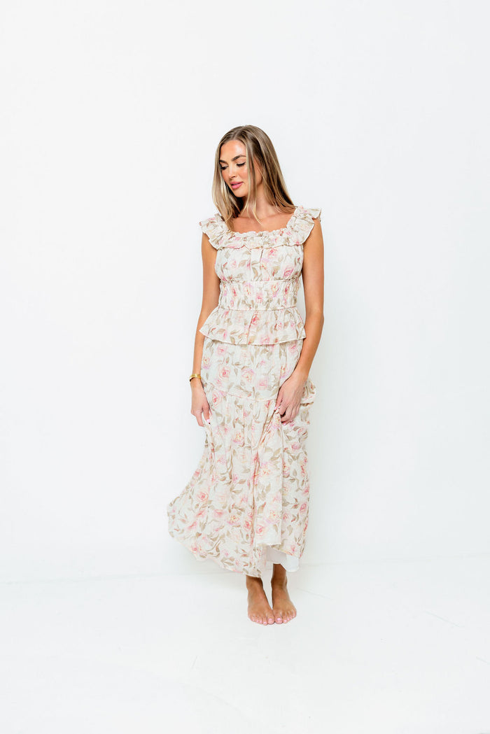 Sedona Floral Off Shoulder Top and Midi Skirt Set in Sand/Pink