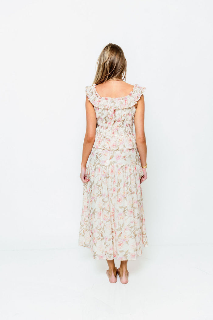 Sedona Floral Off Shoulder Top and Midi Skirt Set in Sand/Pink