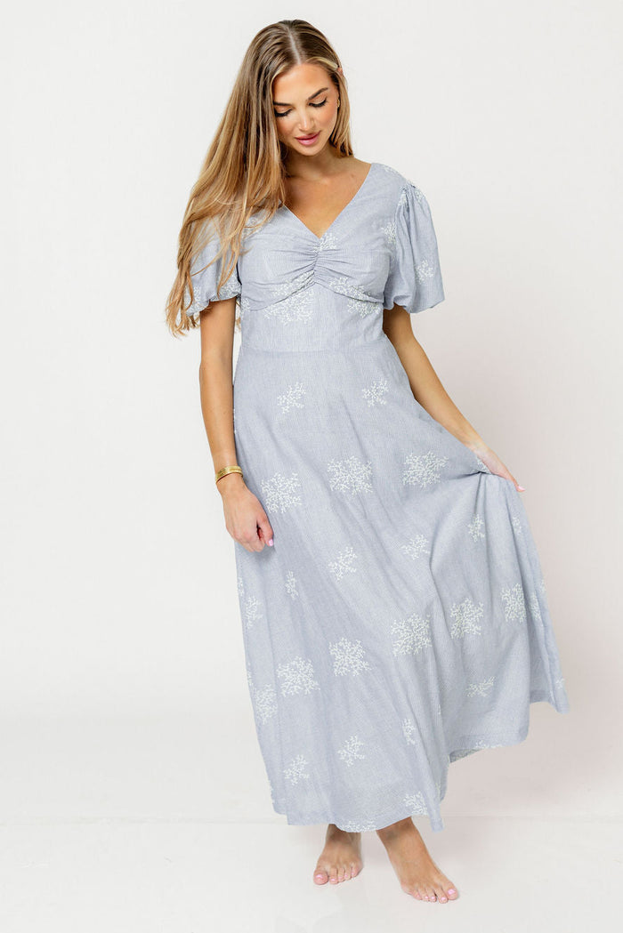 Selena Stripe Embroidered Puff Sleeve Midi Dress in Blue