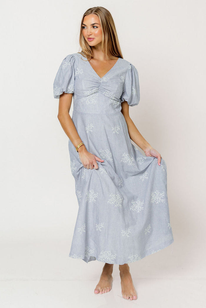 Selena Stripe Embroidered Puff Sleeve Midi Dress in Blue