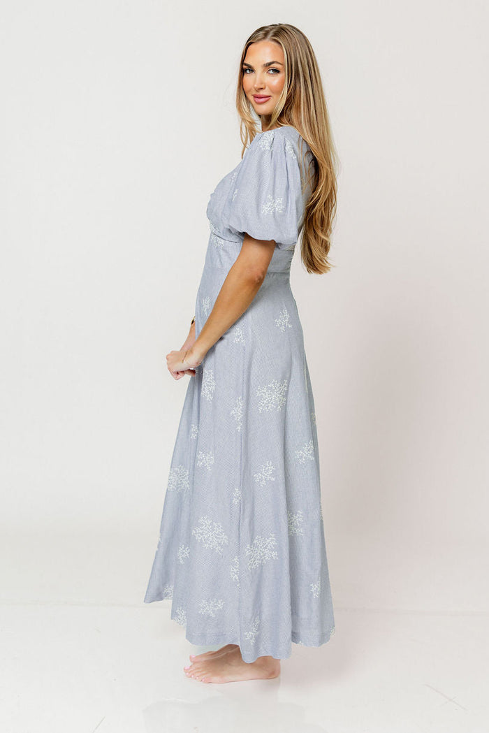 Selena Stripe Embroidered Puff Sleeve Midi Dress in Blue
