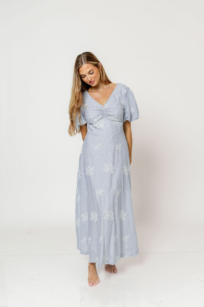 Selena Stripe Embroidered Puff Sleeve Midi Dress in Blue