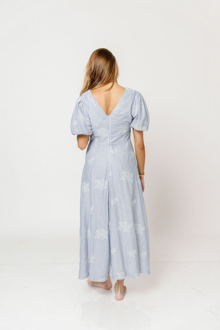 Selena Stripe Embroidered Puff Sleeve Midi Dress in Blue