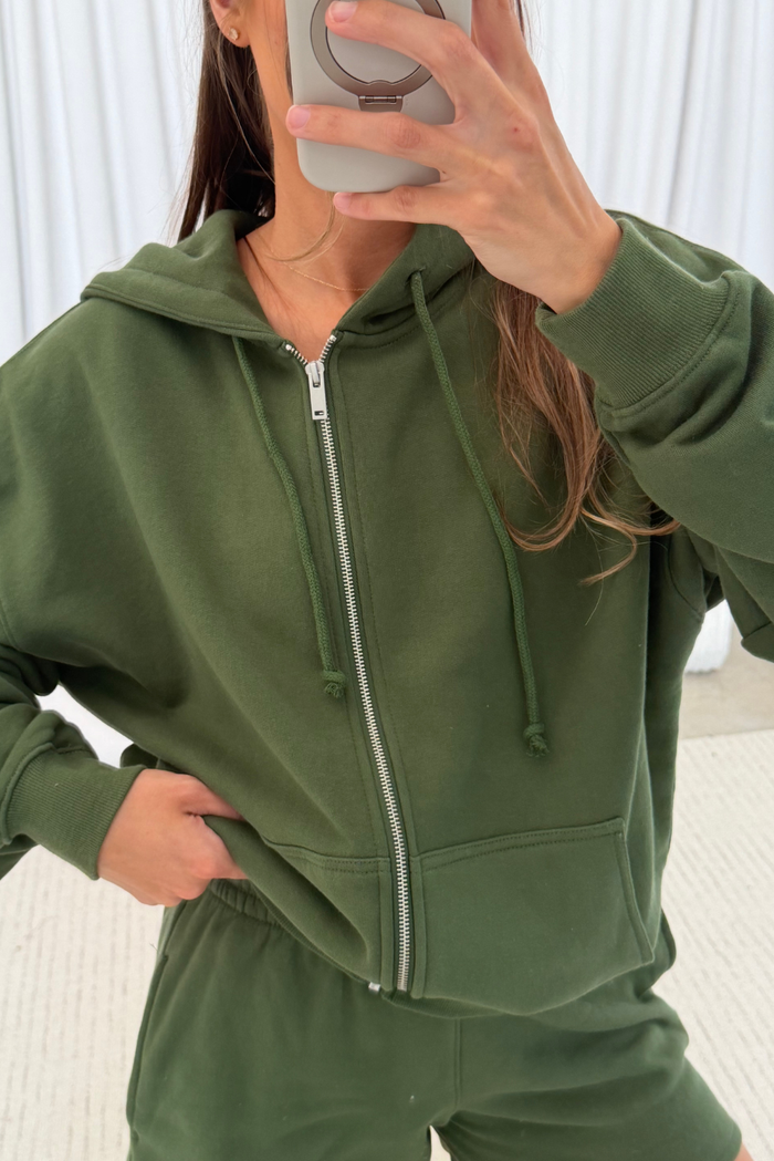 Serena 100% Cotton Terry Zip Up Hoodie in Olive Green