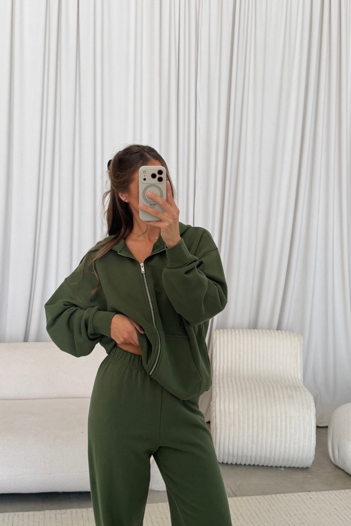 Serena 100% Cotton Terry Zip Up Hoodie in Olive Green