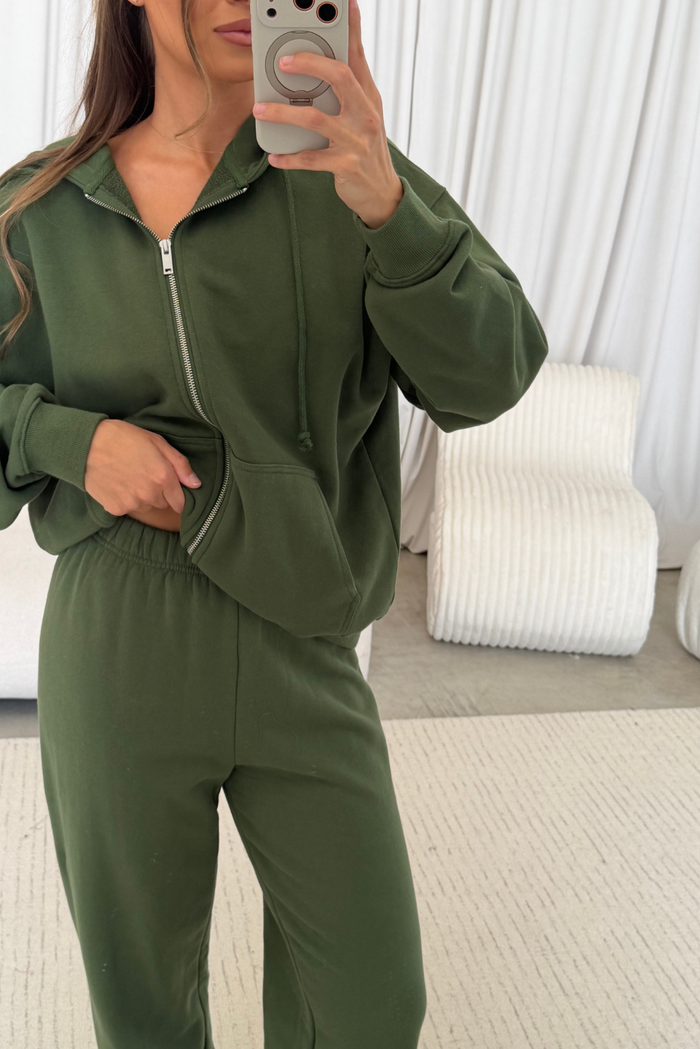 Serena 100% Cotton Terry Zip Up Hoodie in Olive Green
