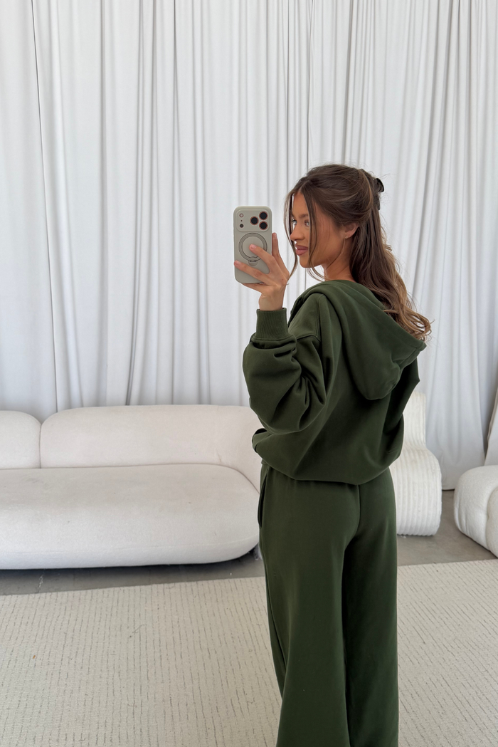 Serena 100% Cotton Terry Zip Up Hoodie in Olive Green