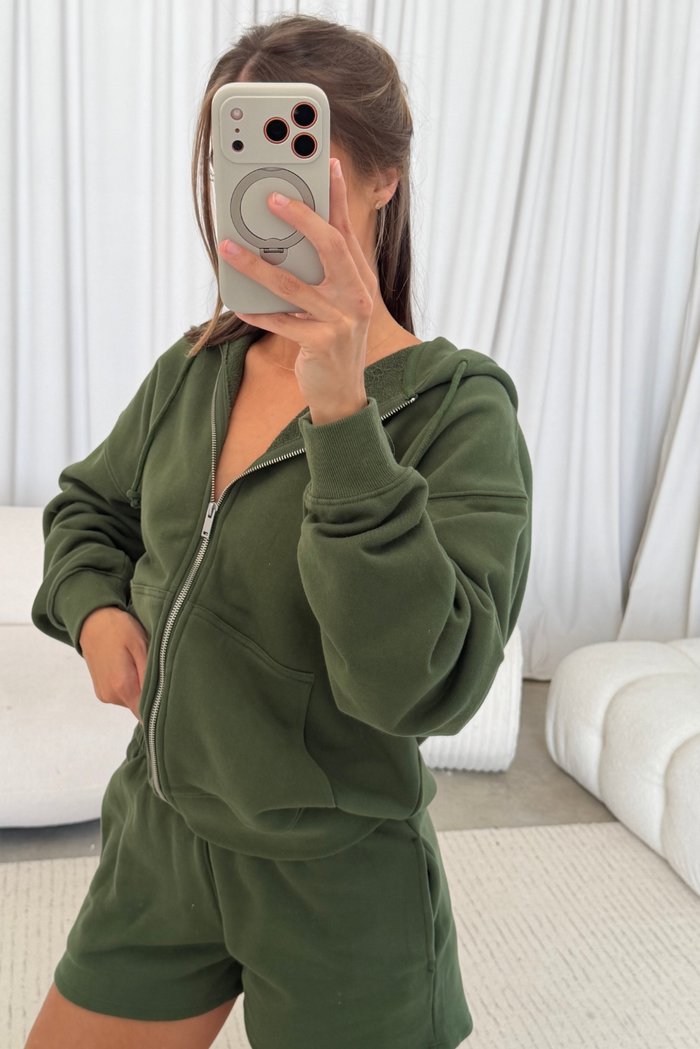 Serena 100% Cotton Terry Zip Up Hoodie in Olive Green