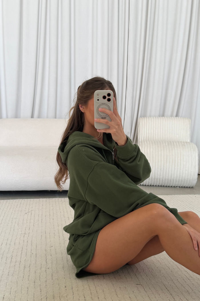 Serena 100% Cotton Terry Zip Up Hoodie in Olive Green