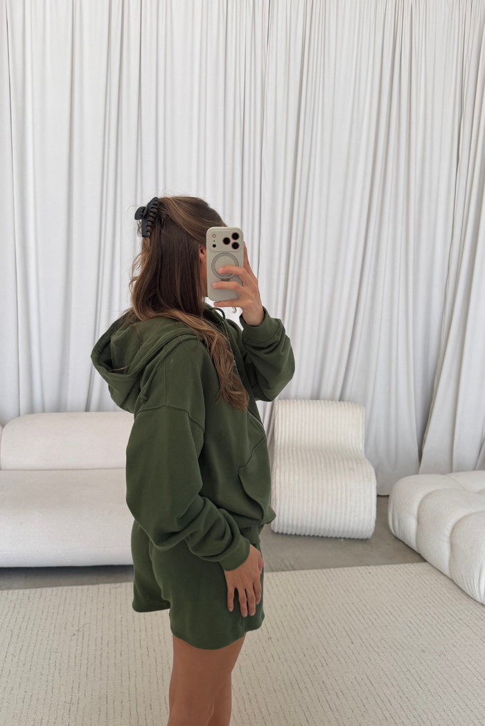 Serena 100% Cotton Terry Zip Up Hoodie in Olive Green