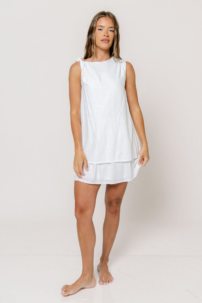 Serenity Linen Layered Twisted Shoulder Detail Mini Dress in White