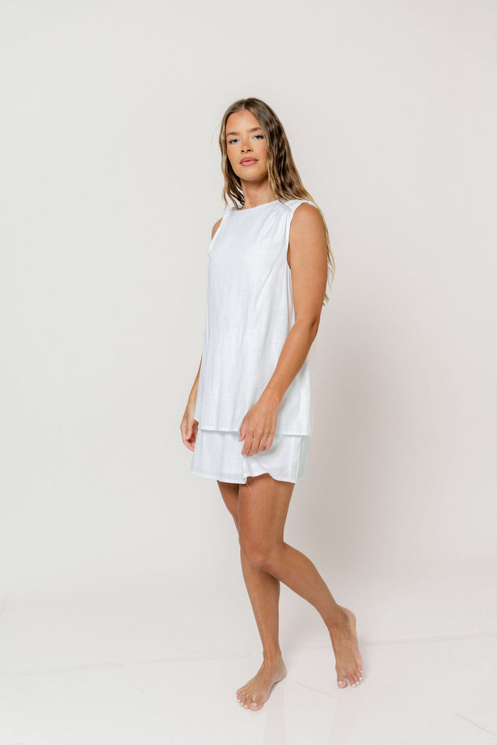 Serenity Linen Layered Twisted Shoulder Detail Mini Dress in White