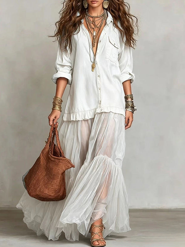 Sheer-Combo Button-Front Dress