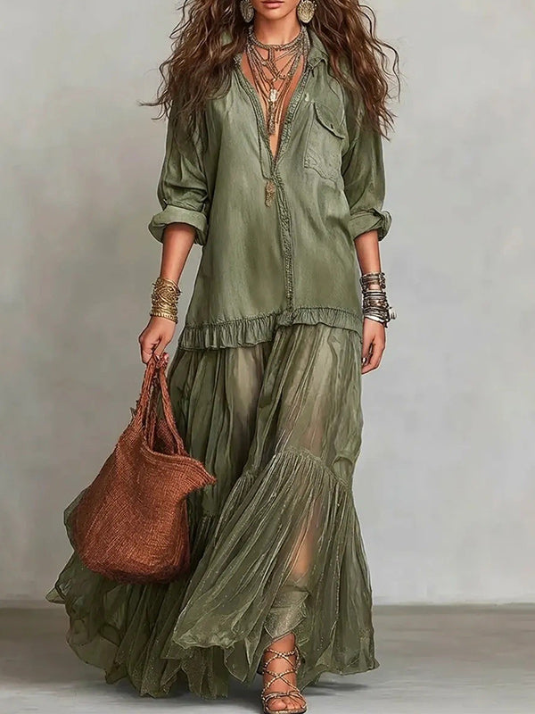 Sheer-Combo Button-Front Dress